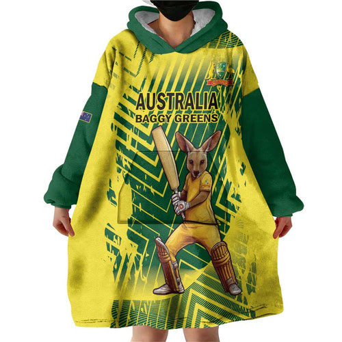 Custom Australia Cricket Wearable Blanket Hoodie Aussie Baggy Greens - Kangaroo Mascot Style