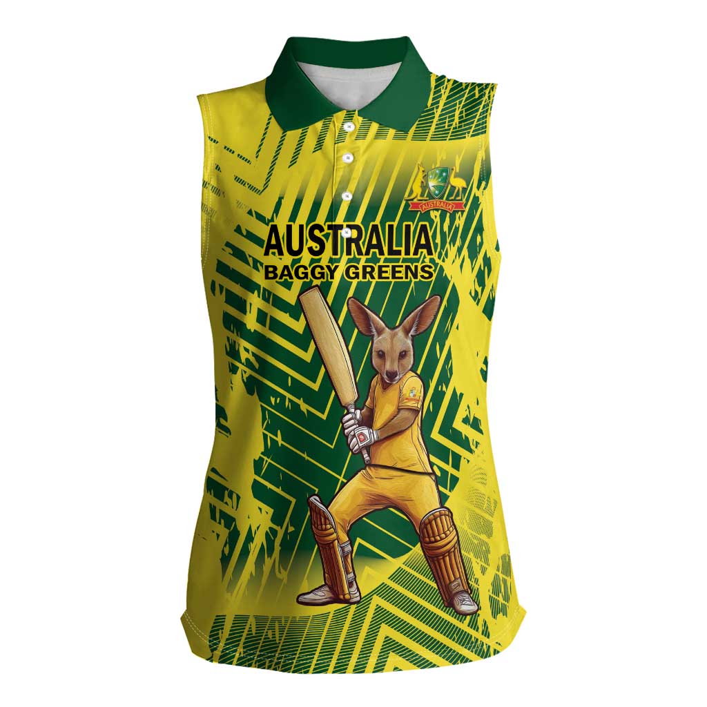 Custom Australia Cricket Women Sleeveless Polo Shirt Aussie Baggy Greens - Kangaroo Mascot Style