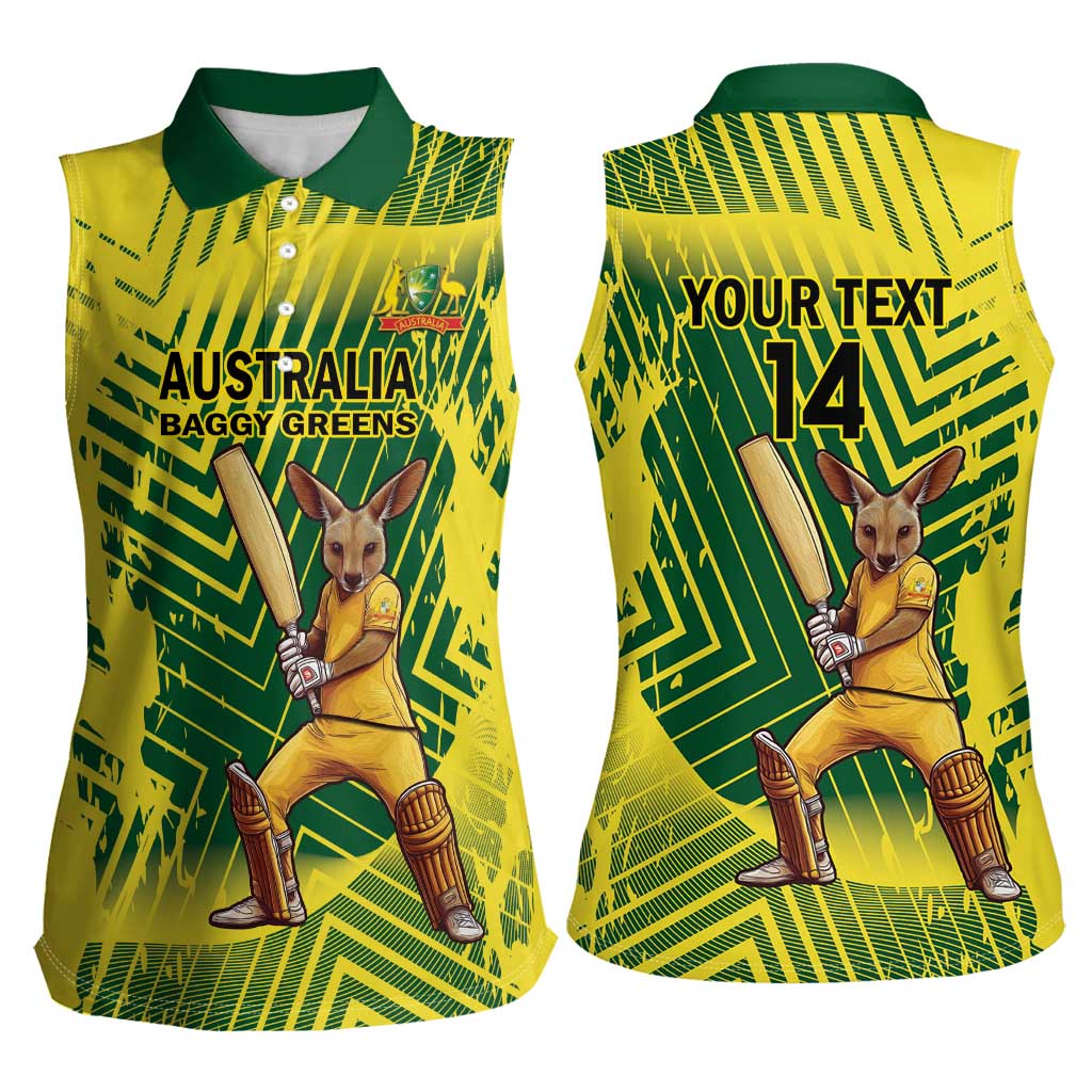 Custom Australia Cricket Women Sleeveless Polo Shirt Aussie Baggy Greens - Kangaroo Mascot Style