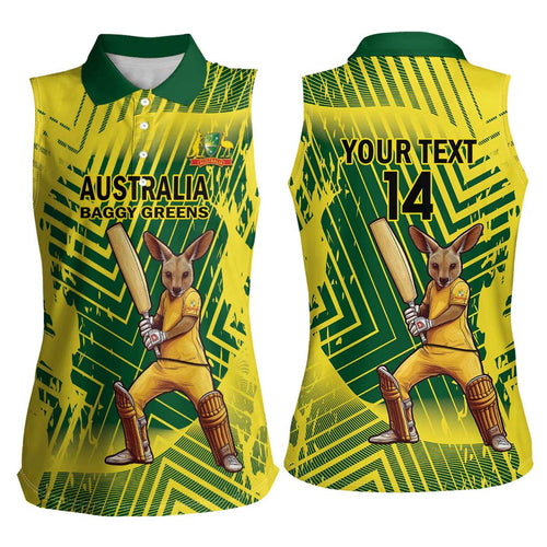 Custom Australia Cricket Women Sleeveless Polo Shirt Aussie Baggy Greens - Kangaroo Mascot Style