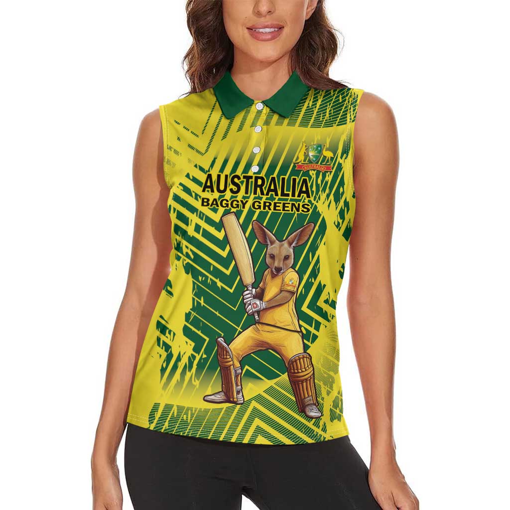 Custom Australia Cricket Women Sleeveless Polo Shirt Aussie Baggy Greens - Kangaroo Mascot Style