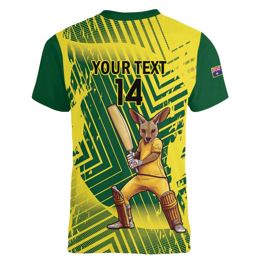 Custom Australia Cricket Women V-Neck T-Shirt Aussie Baggy Greens - Kangaroo Mascot Style