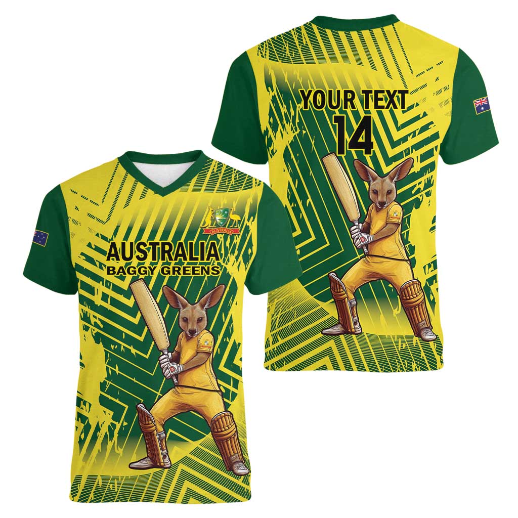 Custom Australia Cricket Women V-Neck T-Shirt Aussie Baggy Greens - Kangaroo Mascot Style
