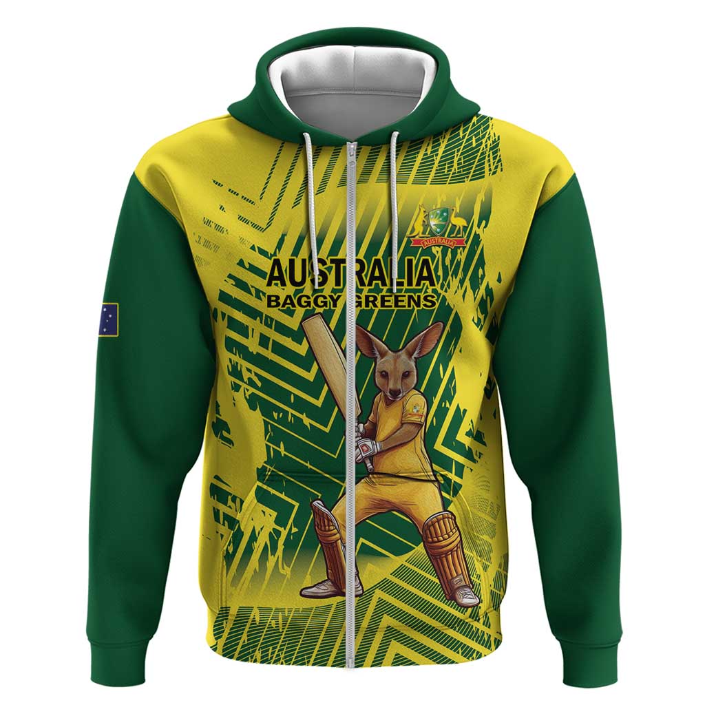 Custom Australia Cricket Zip Hoodie Aussie Baggy Greens - Kangaroo Mascot Style