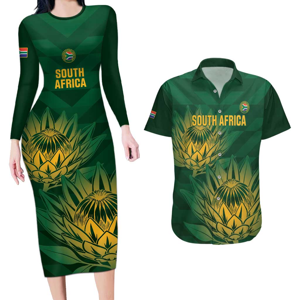 Custom South Africa Cricket Couples Matching Long Sleeve Bodycon Dress and Hawaiian Shirt Go Champions Proteas