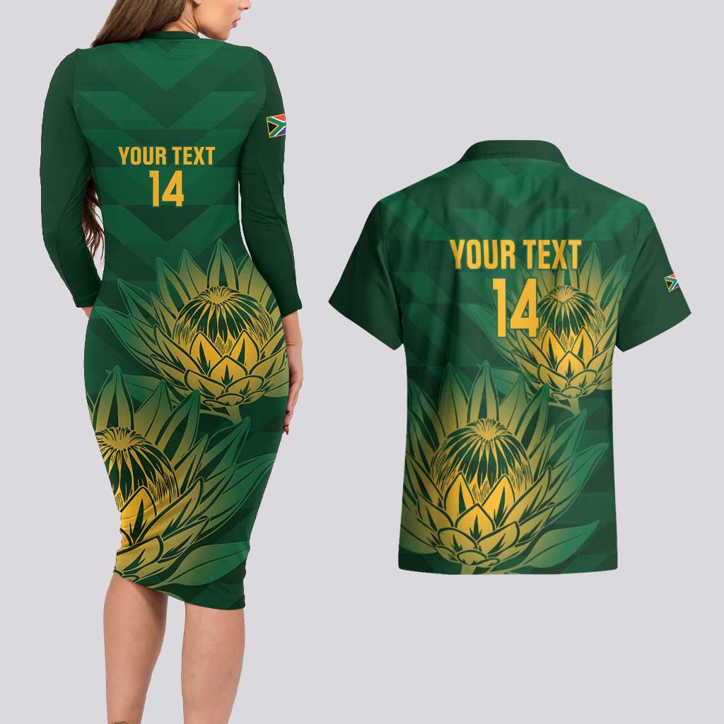 Custom South Africa Cricket Couples Matching Long Sleeve Bodycon Dress and Hawaiian Shirt Go Champions Proteas