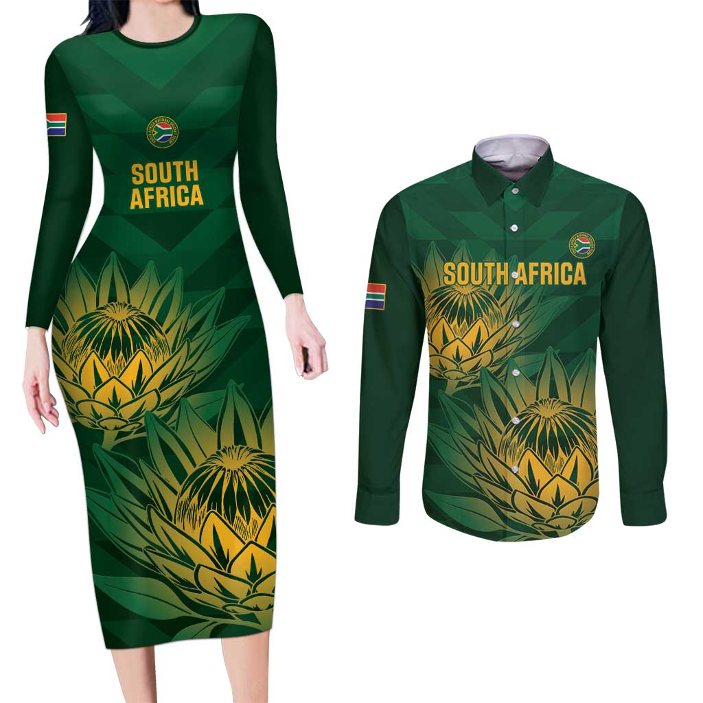 Custom South Africa Cricket Couples Matching Long Sleeve Bodycon Dress and Long Sleeve Button Shirt Go Champions Proteas