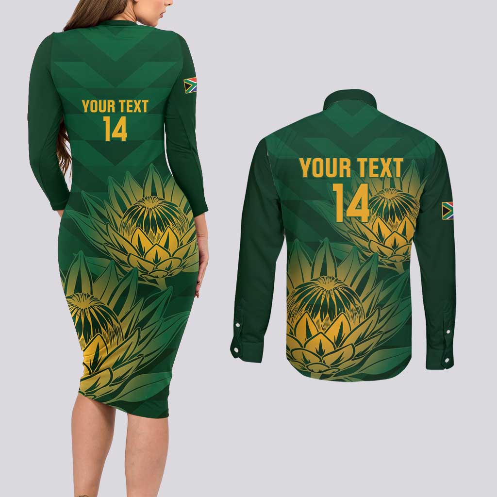 Custom South Africa Cricket Couples Matching Long Sleeve Bodycon Dress and Long Sleeve Button Shirt Go Champions Proteas