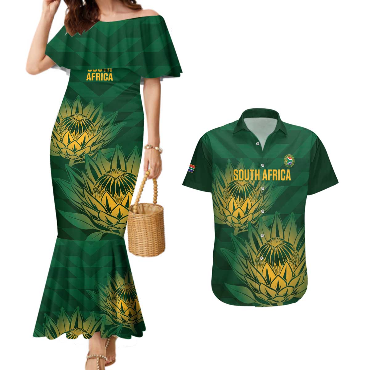 Custom South Africa Cricket Couples Matching Mermaid Dress and Hawaiian Shirt Go Champions Proteas