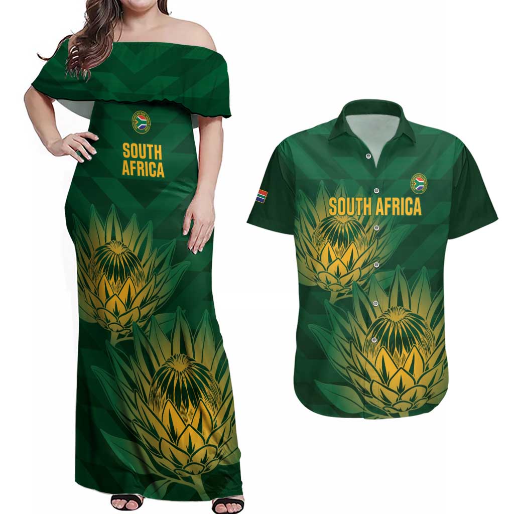 Custom South Africa Cricket Couples Matching Off Shoulder Maxi Dress and Hawaiian Shirt Go Champions Proteas