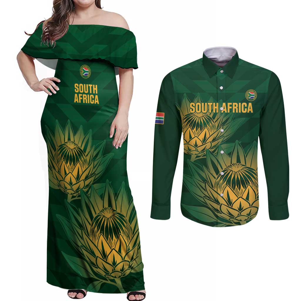 Custom South Africa Cricket Couples Matching Off Shoulder Maxi Dress and Long Sleeve Button Shirt Go Champions Proteas