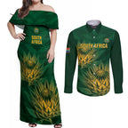 Custom South Africa Cricket Couples Matching Off Shoulder Maxi Dress and Long Sleeve Button Shirt Go Champions Proteas