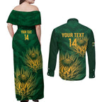 Custom South Africa Cricket Couples Matching Off Shoulder Maxi Dress and Long Sleeve Button Shirt Go Champions Proteas