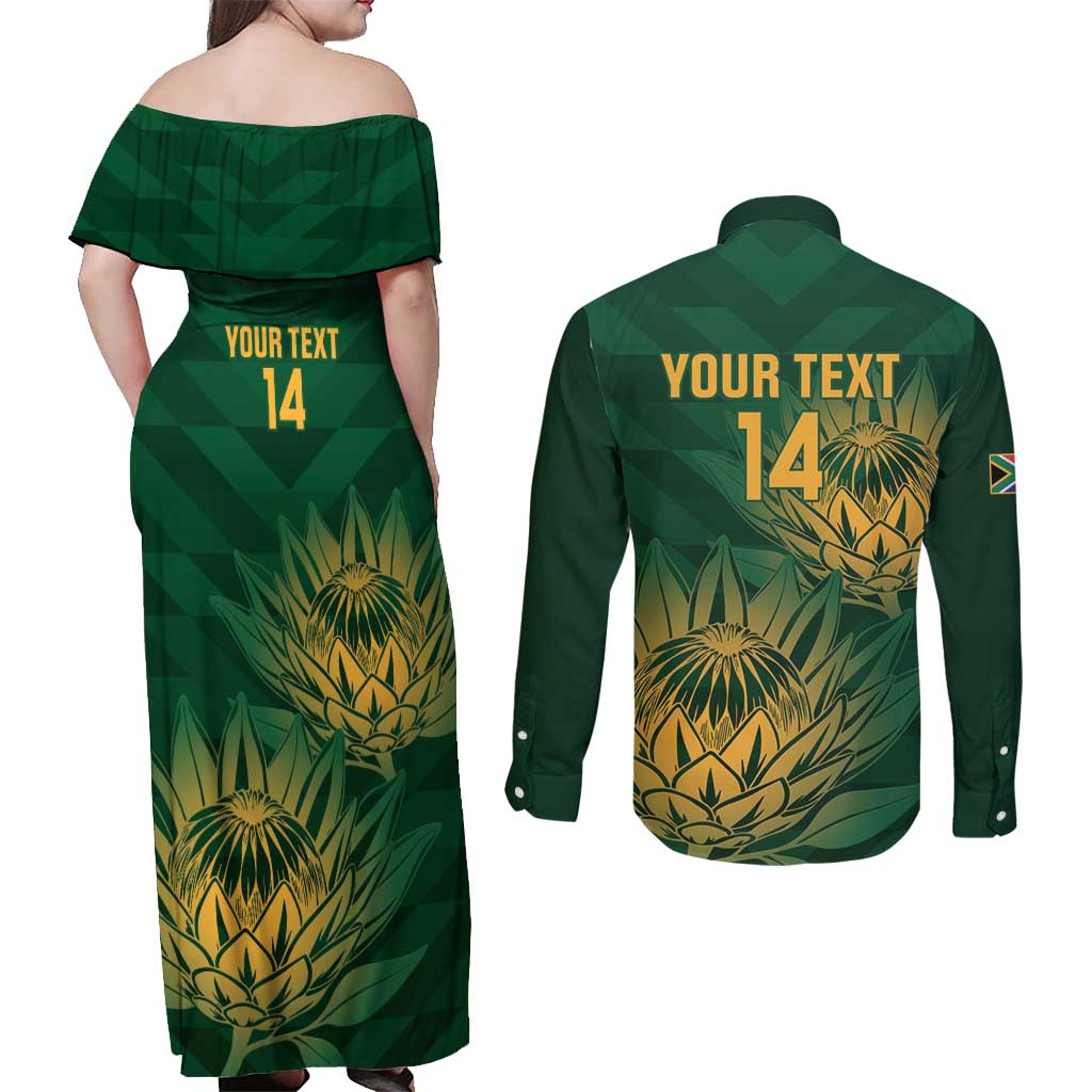Custom South Africa Cricket Couples Matching Off Shoulder Maxi Dress and Long Sleeve Button Shirt Go Champions Proteas