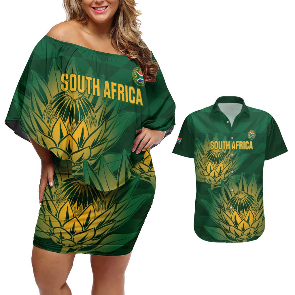 Custom South Africa Cricket Couples Matching Off Shoulder Short Dress and Hawaiian Shirt Go Champions Proteas