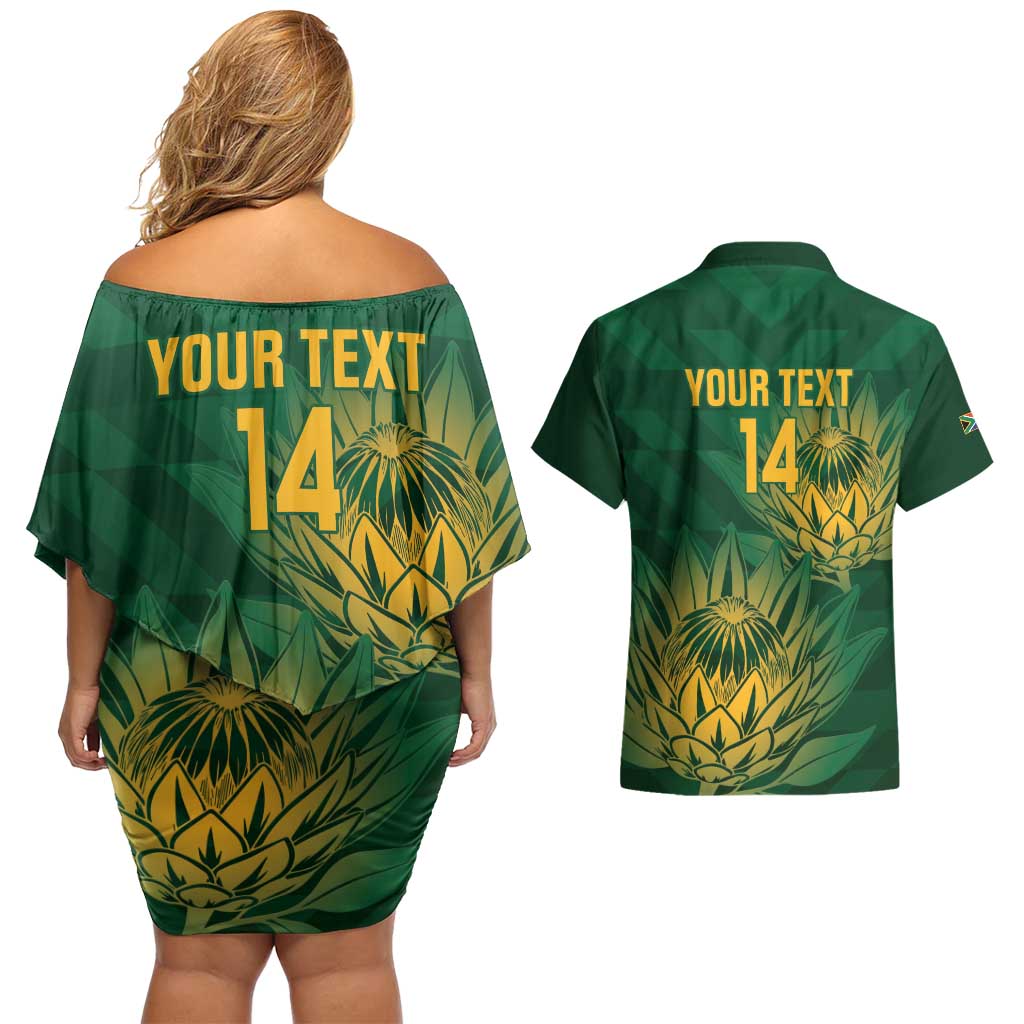 Custom South Africa Cricket Couples Matching Off Shoulder Short Dress and Hawaiian Shirt Go Champions Proteas