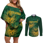 Custom South Africa Cricket Couples Matching Off Shoulder Short Dress and Long Sleeve Button Shirt Go Champions Proteas
