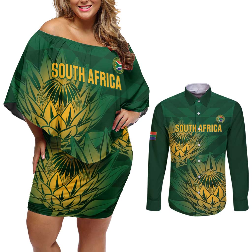 Custom South Africa Cricket Couples Matching Off Shoulder Short Dress and Long Sleeve Button Shirt Go Champions Proteas
