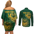 Custom South Africa Cricket Couples Matching Off Shoulder Short Dress and Long Sleeve Button Shirt Go Champions Proteas