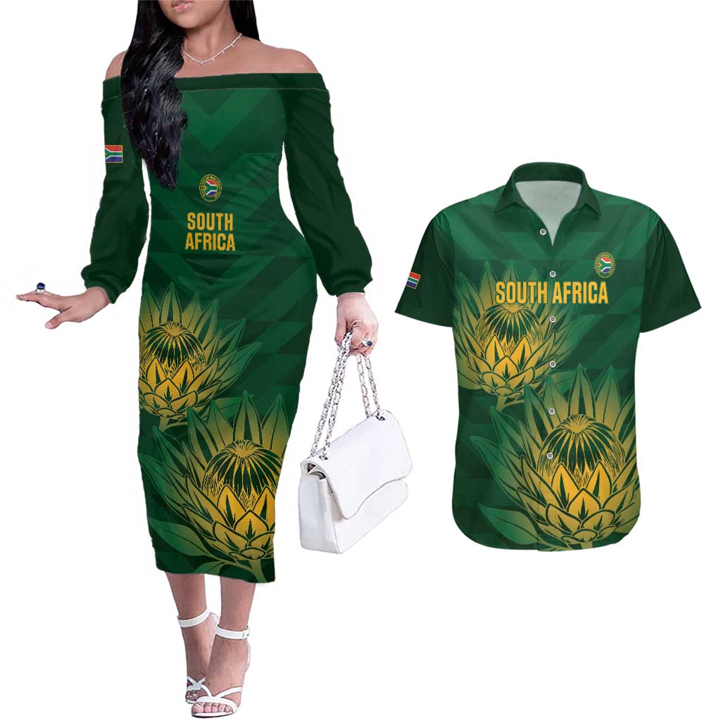 Custom South Africa Cricket Couples Matching Off The Shoulder Long Sleeve Dress and Hawaiian Shirt Go Champions Proteas