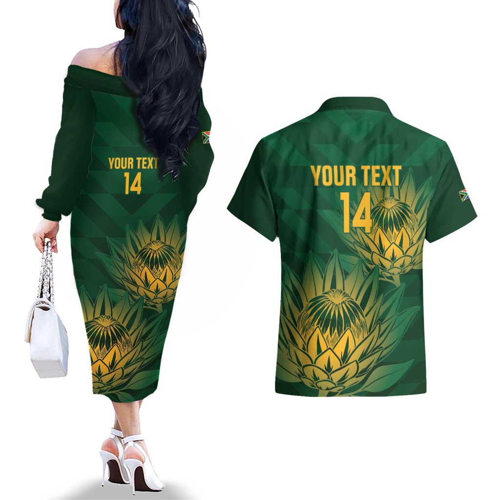Custom South Africa Cricket Couples Matching Off The Shoulder Long Sleeve Dress and Hawaiian Shirt Go Champions Proteas