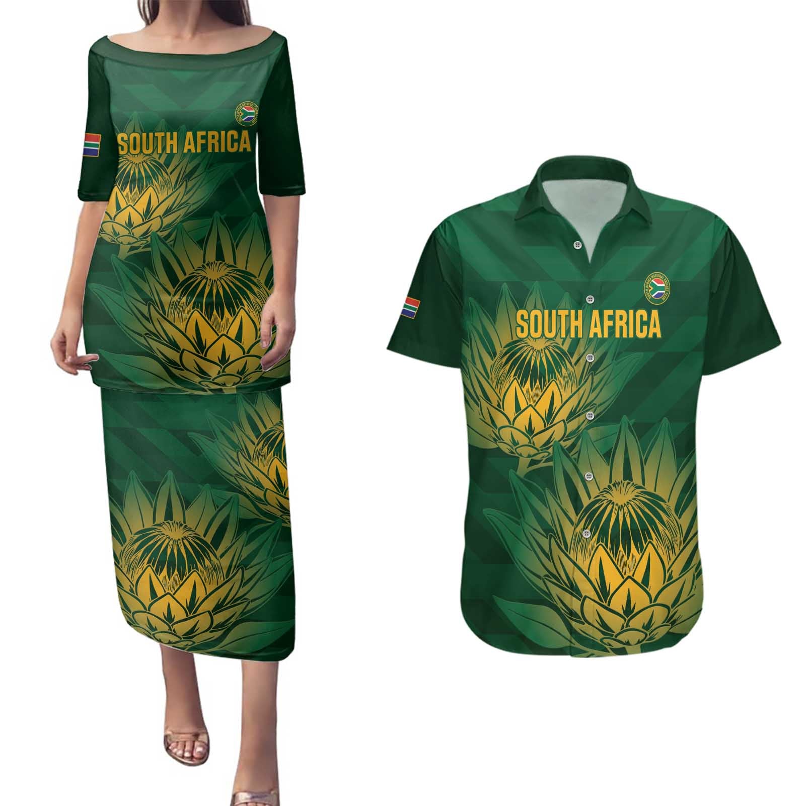 Custom South Africa Cricket Couples Matching Puletasi and Hawaiian Shirt Go Champions Proteas