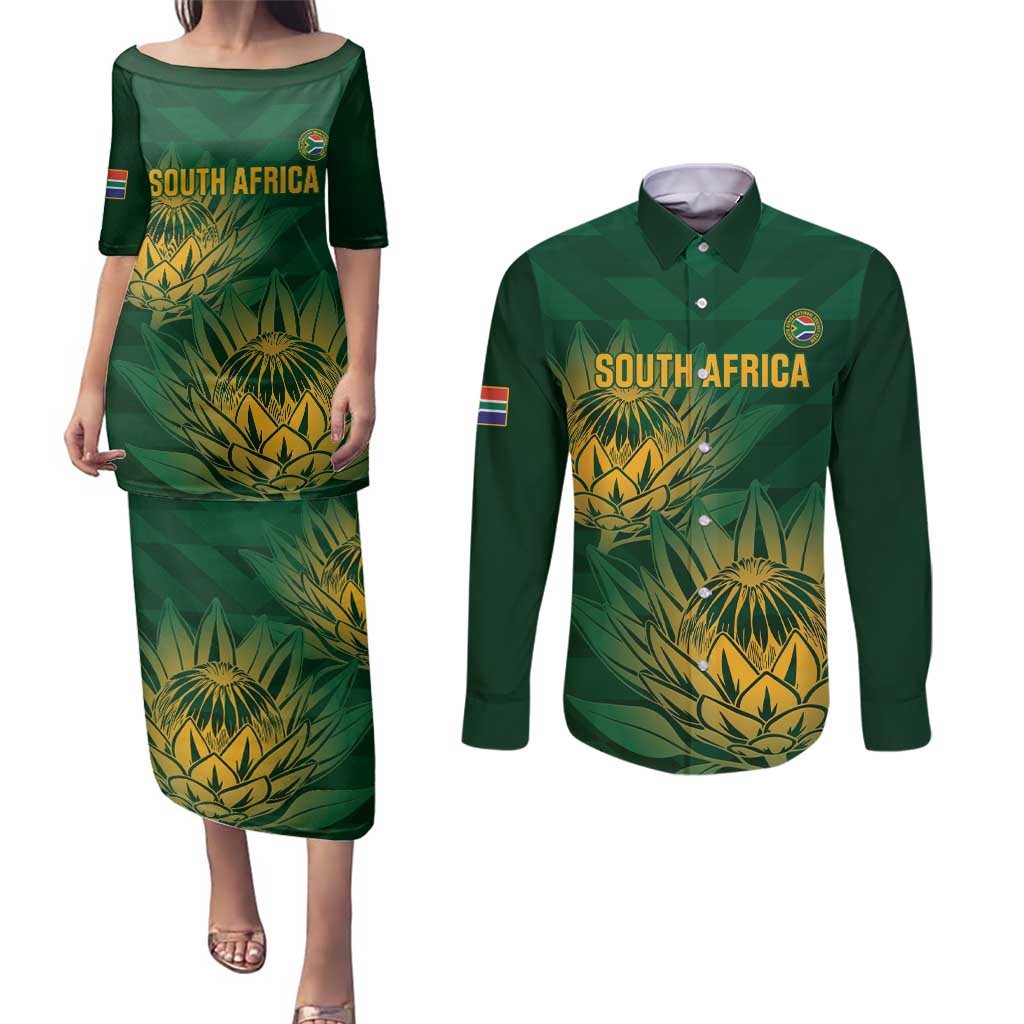 Custom South Africa Cricket Couples Matching Puletasi and Long Sleeve Button Shirt Go Champions Proteas