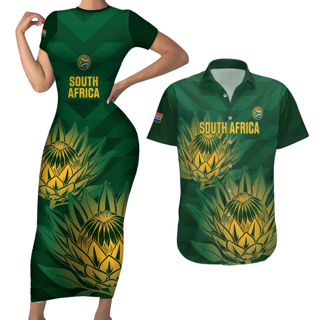 Custom South Africa Cricket Couples Matching Short Sleeve Bodycon Dress and Hawaiian Shirt Go Champions Proteas