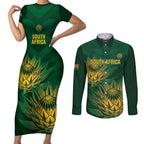 Custom South Africa Cricket Couples Matching Short Sleeve Bodycon Dress and Long Sleeve Button Shirt Go Champions Proteas
