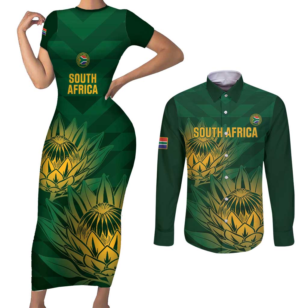 Custom South Africa Cricket Couples Matching Short Sleeve Bodycon Dress and Long Sleeve Button Shirt Go Champions Proteas