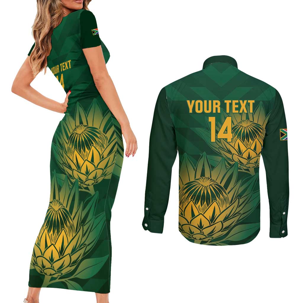 Custom South Africa Cricket Couples Matching Short Sleeve Bodycon Dress and Long Sleeve Button Shirt Go Champions Proteas