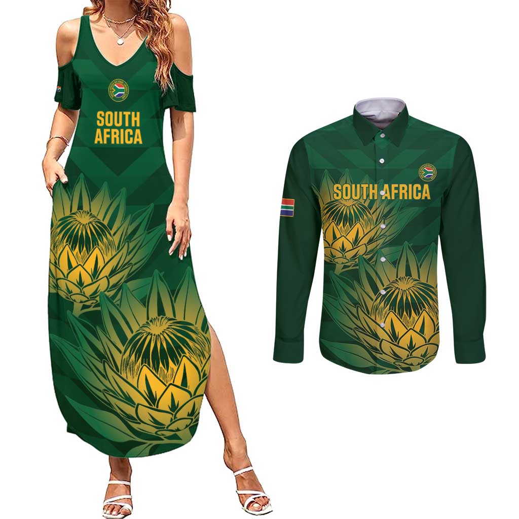 Custom South Africa Cricket Couples Matching Summer Maxi Dress and Long Sleeve Button Shirt Go Champions Proteas