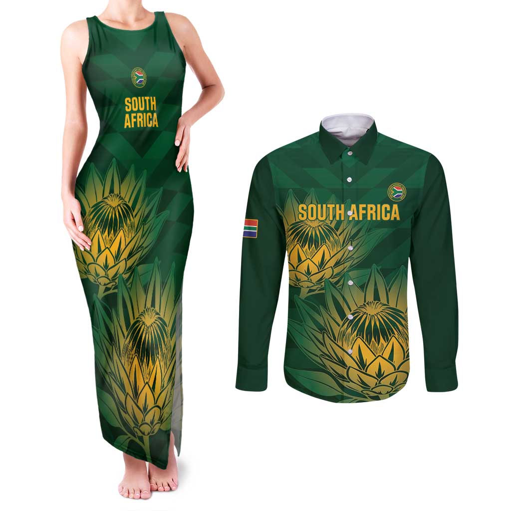 Custom South Africa Cricket Couples Matching Tank Maxi Dress and Long Sleeve Button Shirt Go Champions Proteas