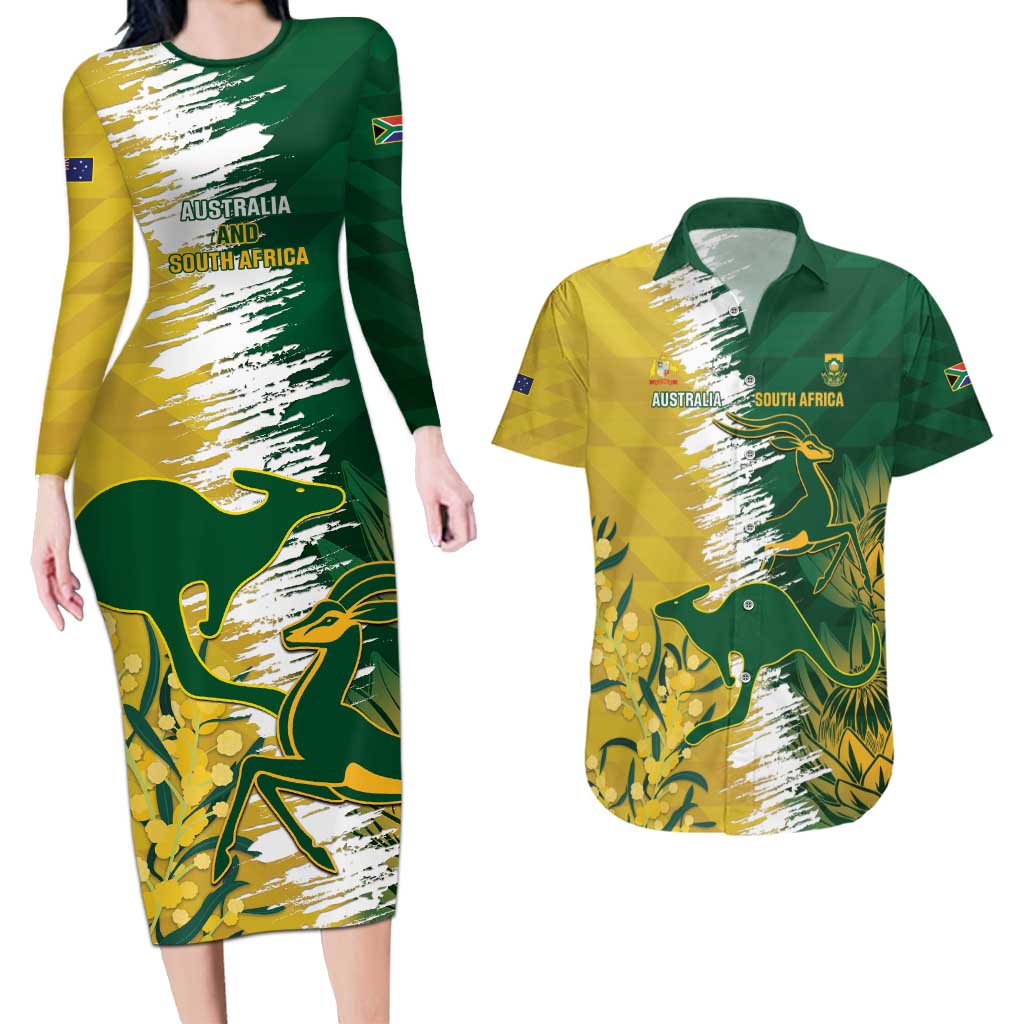 Custom Australia And South Africa Cricket Couples Matching Long Sleeve Bodycon Dress and Hawaiian Shirt Aussies Proteas Together