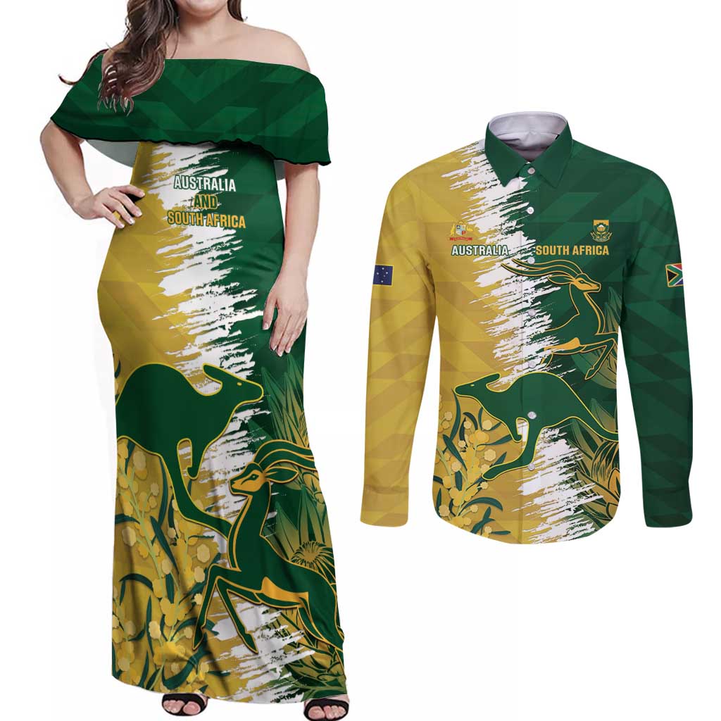 Custom Australia And South Africa Cricket Couples Matching Off Shoulder Maxi Dress and Long Sleeve Button Shirt Aussies Proteas Together