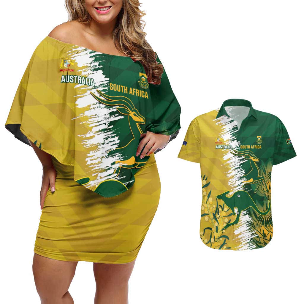 Custom Australia And South Africa Cricket Couples Matching Off Shoulder Short Dress and Hawaiian Shirt Aussies Proteas Together
