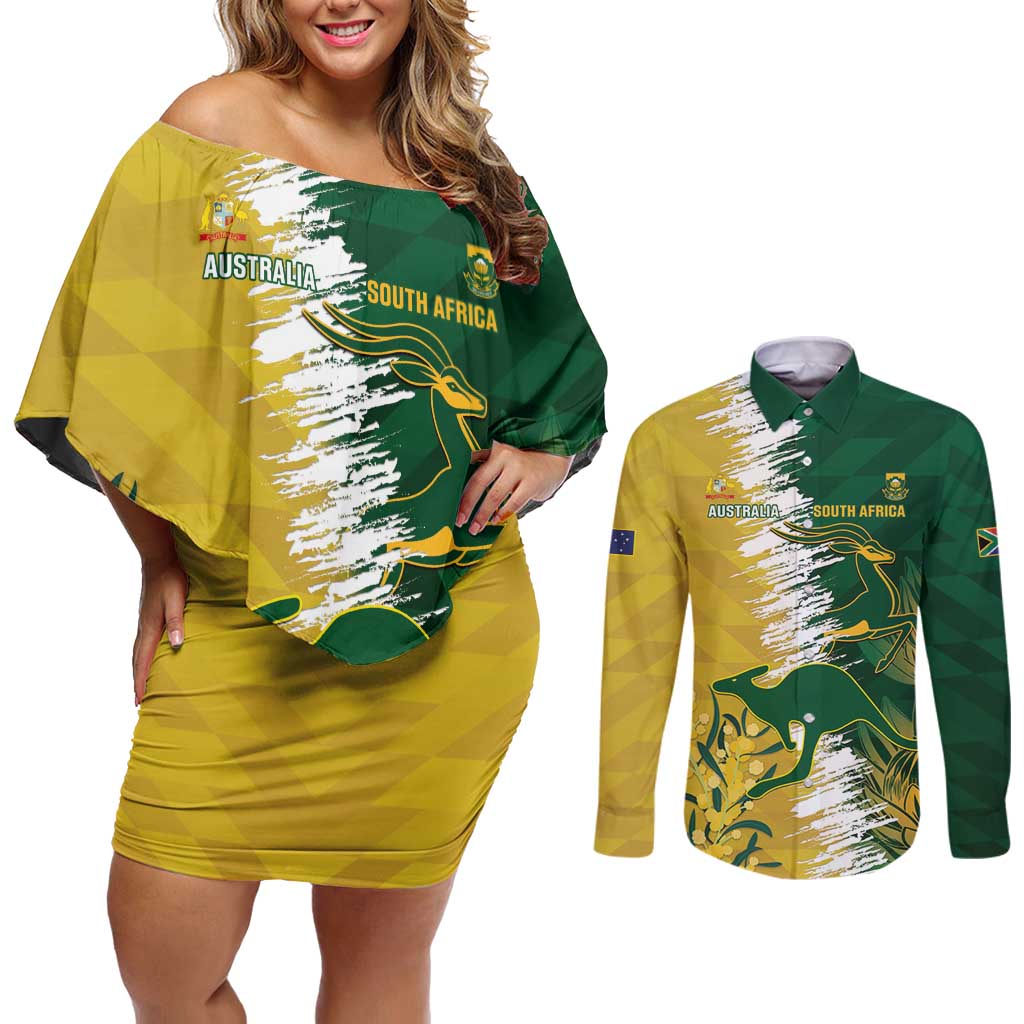 Custom Australia And South Africa Cricket Couples Matching Off Shoulder Short Dress and Long Sleeve Button Shirt Aussies Proteas Together