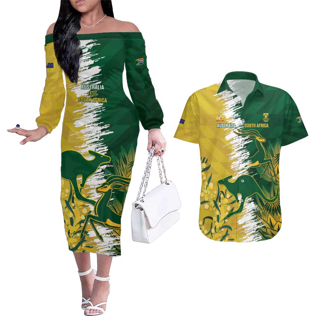Custom Australia And South Africa Cricket Couples Matching Off The Shoulder Long Sleeve Dress and Hawaiian Shirt Aussies Proteas Together