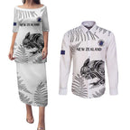 Custom New Zealand Kiwi Football Couples Matching Puletasi and Long Sleeve Button Shirt Aotearoa Silver Fern