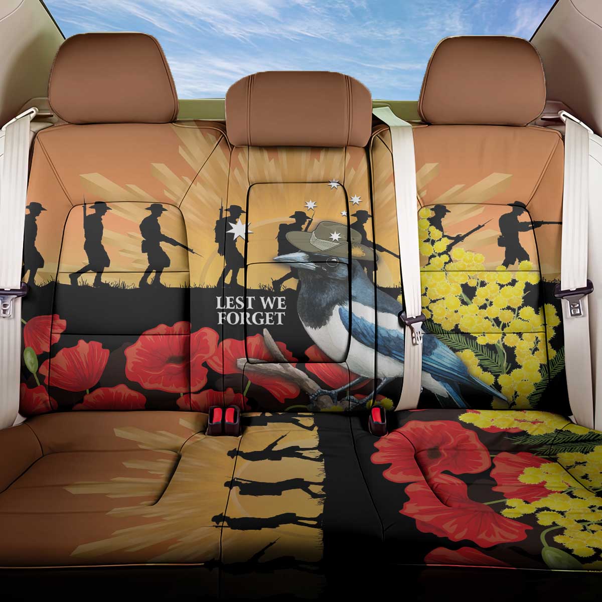 Australia Magpie ANZAC Day Back Car Seat Cover Rising Sun 25th April Poppy Golden Wattle - Aussie Hoodie