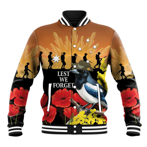 Australia Magpie ANZAC Day Baseball Jacket Rising Sun 25th April Poppy Golden Wattle - Aussie Hoodie