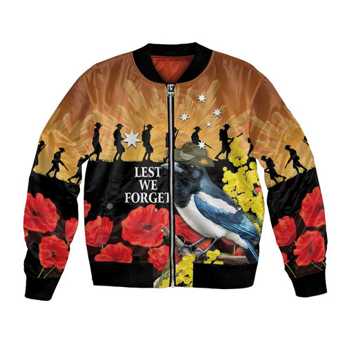 Australia Magpie ANZAC Day Bomber Jacket Rising Sun 25th April Poppy Golden Wattle - Aussie Hoodie