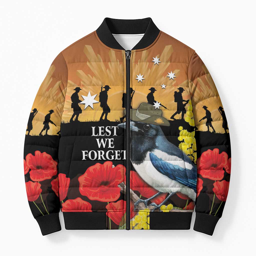 Australia Magpie ANZAC Day Bomber Puffer Jacket Rising Sun 25th April Poppy Golden Wattle - Aussie Hoodie
