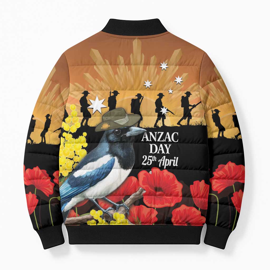 Australia Magpie ANZAC Day Bomber Puffer Jacket Rising Sun 25th April Poppy Golden Wattle - Aussie Hoodie