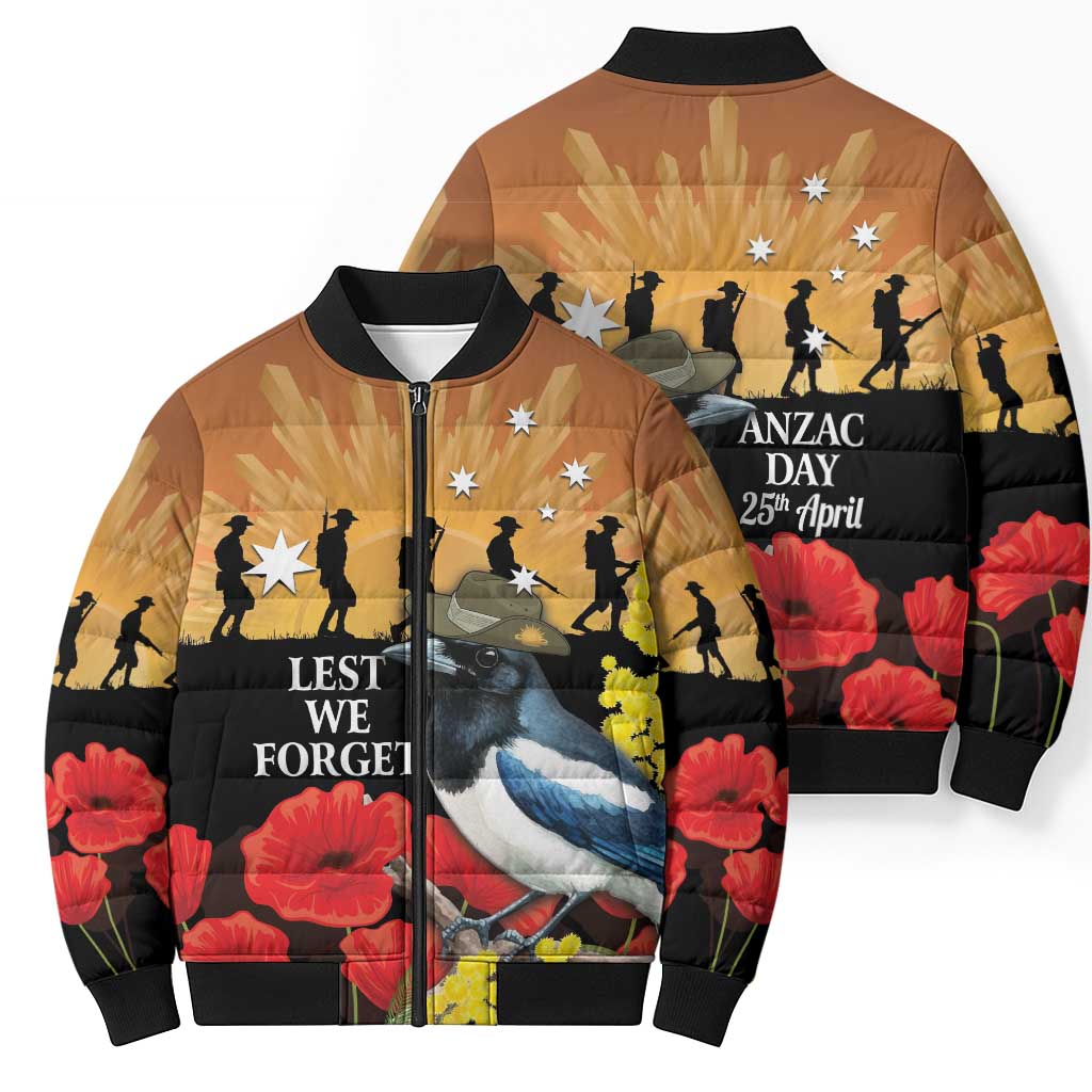 Australia Magpie ANZAC Day Bomber Puffer Jacket Rising Sun 25th April Poppy Golden Wattle - Aussie Hoodie