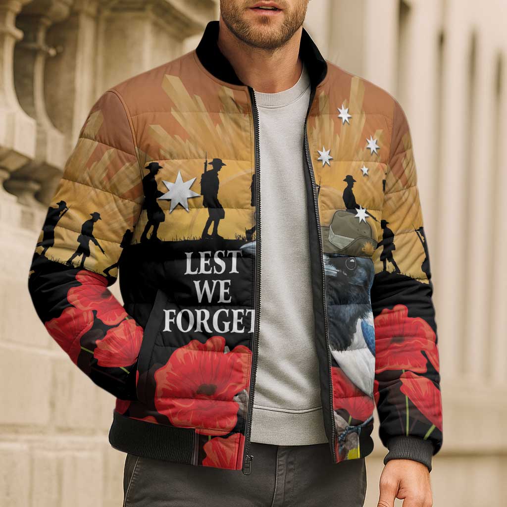 Australia Magpie ANZAC Day Bomber Puffer Jacket Rising Sun 25th April Poppy Golden Wattle - Aussie Hoodie