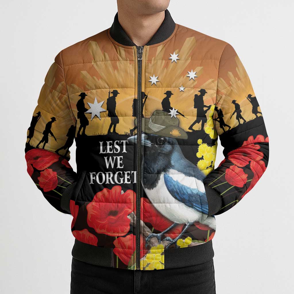 Australia Magpie ANZAC Day Bomber Puffer Jacket Rising Sun 25th April Poppy Golden Wattle - Aussie Hoodie