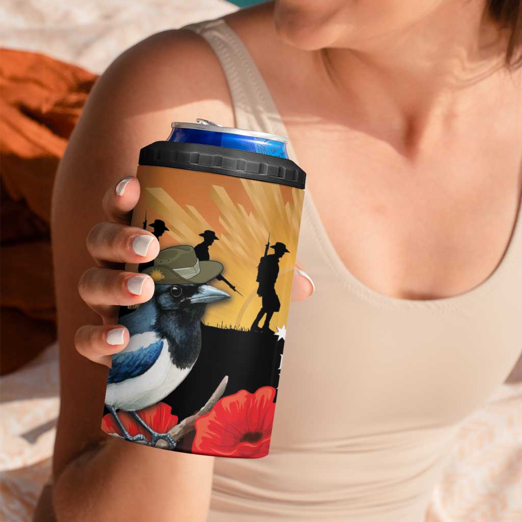 Australia Magpie ANZAC Day 4 in 1 Can Cooler Tumbler Rising Sun 25th April Poppy Golden Wattle - Aussie Hoodie