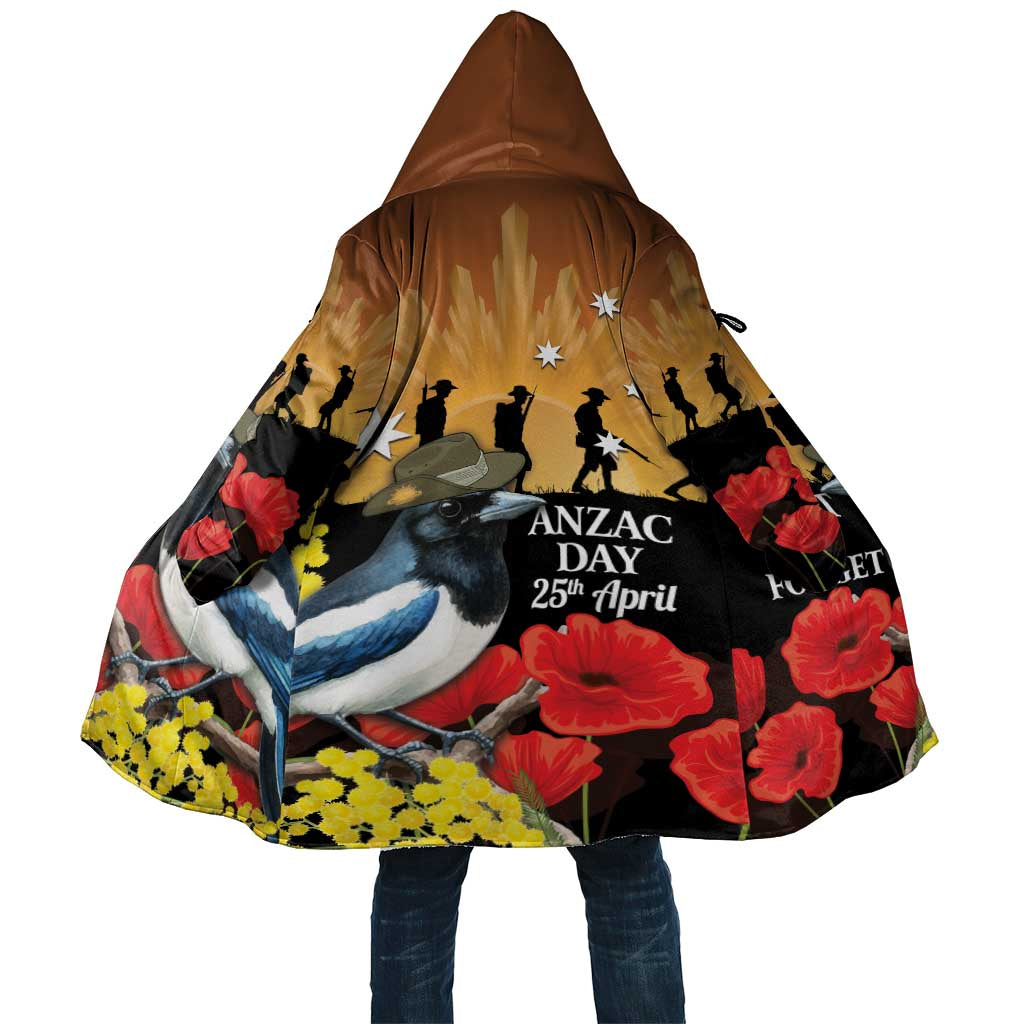 Australia Magpie ANZAC Day Cloak Rising Sun 25th April Poppy Golden Wattle - Aussie Hoodie
