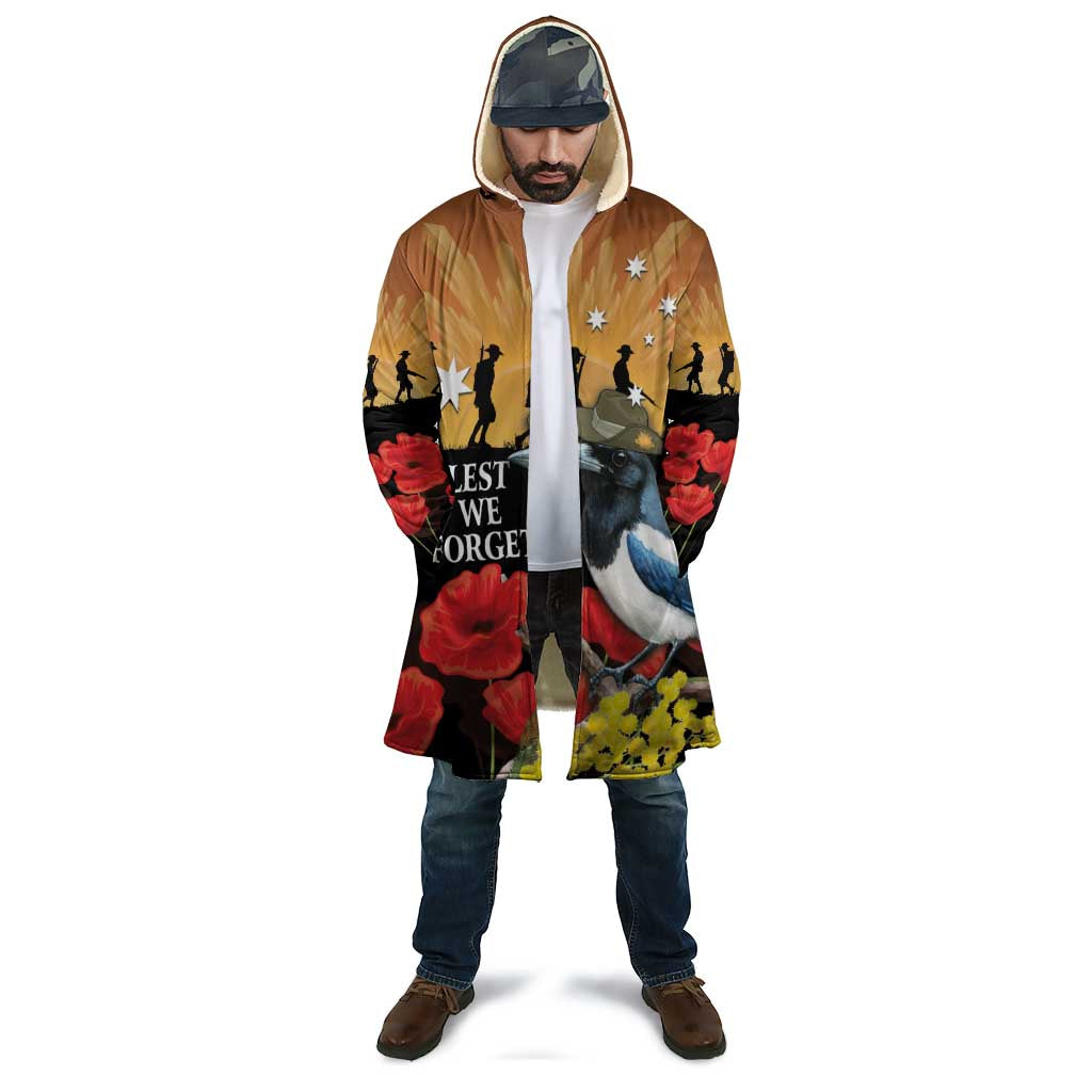 Australia Magpie ANZAC Day Cloak Rising Sun 25th April Poppy Golden Wattle - Aussie Hoodie